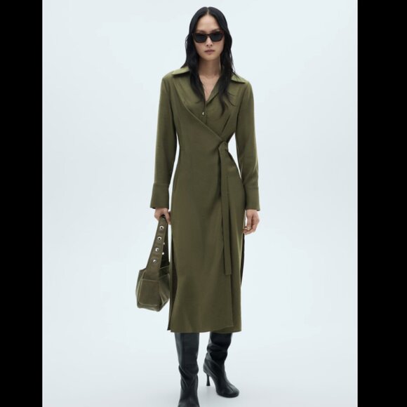Mango Olive Long Sleeve Wrap Dress - Picture 1 of 13